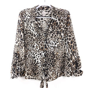 Chico's Animal Print Sheer Button Up Tie Front Blouse 2 L